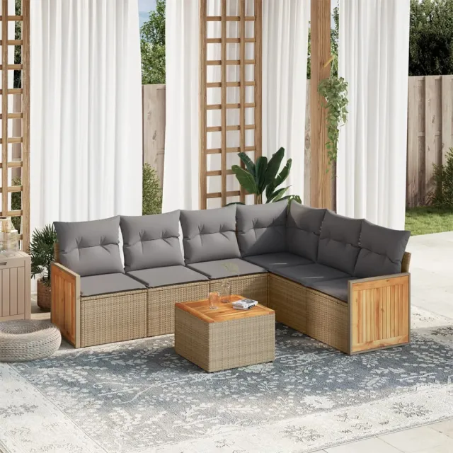 vidaXL 7-delige Loungeset met kussens poly rattan beige, foto 2