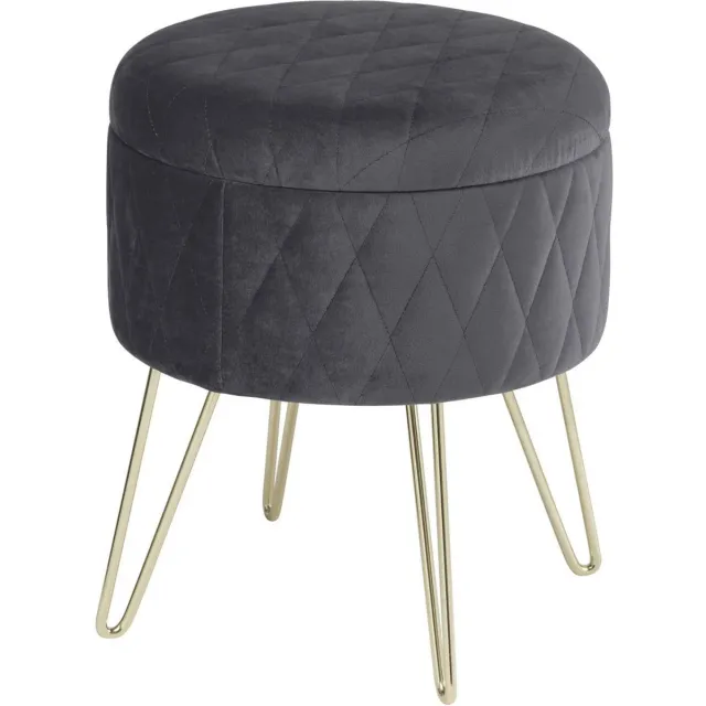 Bolt Edge Poef Deluxe - Donkergrijs Velvet - Voetenbank met Opbergruimte - Opbergbox Hocker en Zitkist - 31.5x31.5x36cm