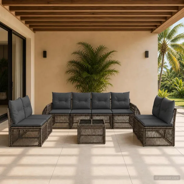 vidaXL Tuinbankenset 9 st 8-zits Grijs en Donkergrijs poly rattan, foto 2