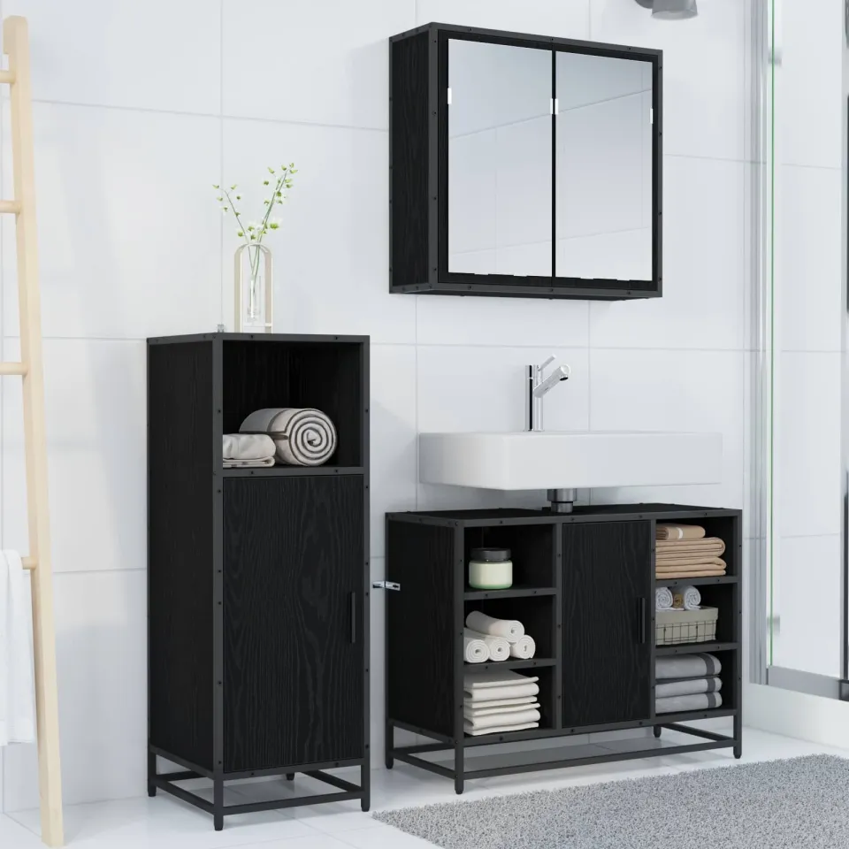vidaXL Badkamermeubelset 3 st Zwart Eiken 80 x 33 x 60 cm Bewerkt hout, foto 4
