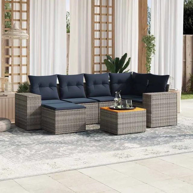vidaXL 7-delige Loungeset met kussens poly rattan grijs, foto 2