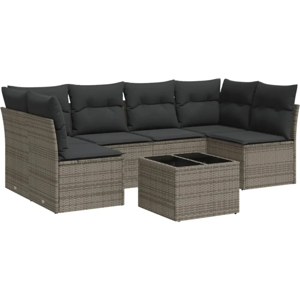 vidaXL 7-delige Loungeset met kussens poly rattan grijs