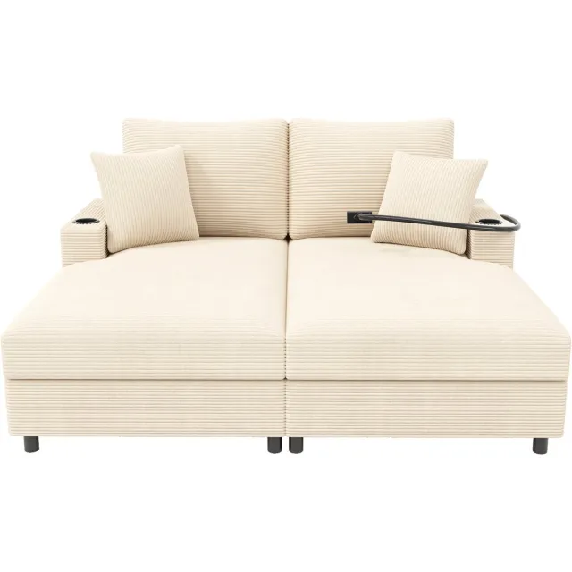 in& out door furniture Dubbel slaapbank met slaaffunctie, gepolsterde ligfunctie, telefoonhouder, USB-aansluiting en drankhouder. Geschikt voor woonkamer, slaapkamer of thuisbioscoop. Beige.