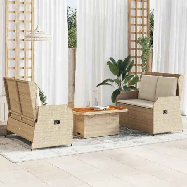 vidaXL 3-delige Loungeset met kussens poly rattan beige, foto 2