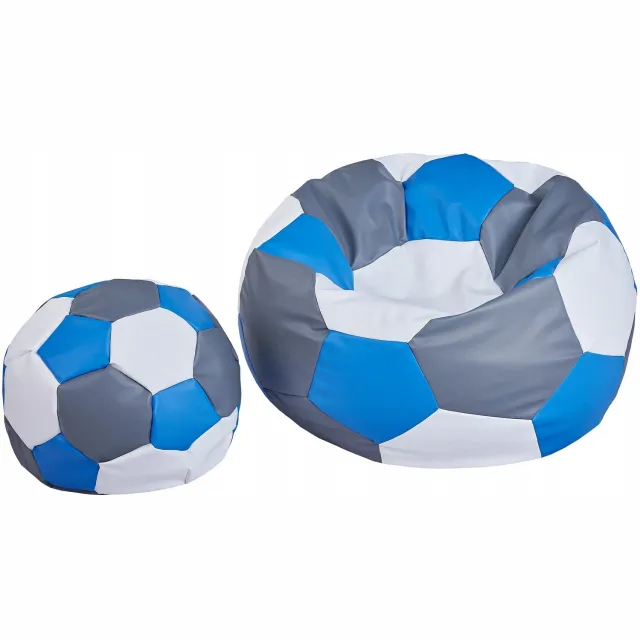 Cronen Voetbal Puf met Voetenbank - Eco-leer, Zwart/Wit/Blauw