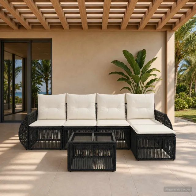 vidaXL Tuinbankenset 6 st Zwart en Cream Wit poly rattan, foto 2