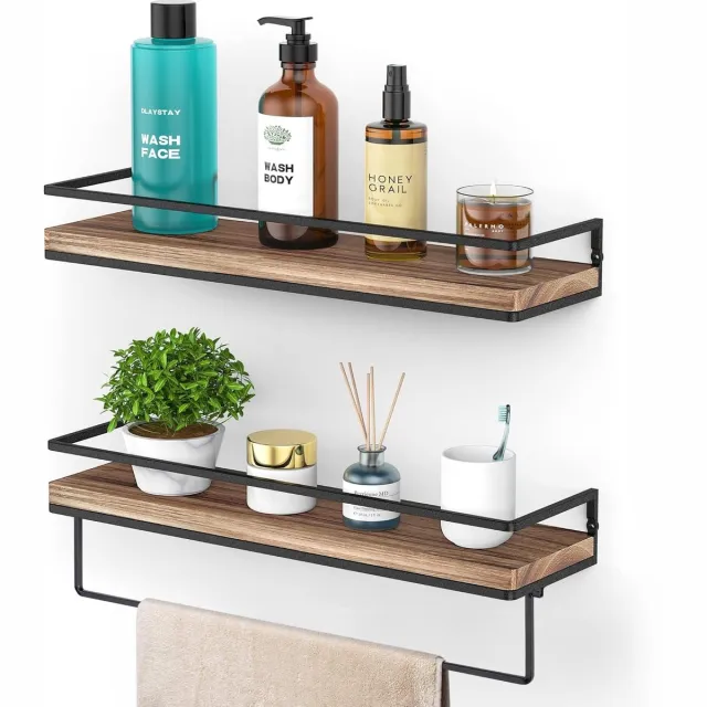 Homesy Zwevende planken wandgemonteerde plank, zwarte planken 42cm, houten planken set van 2 voor badkamer, slaapkamer, keuken, kantoor, verkoold zwart Bruin + Zwart