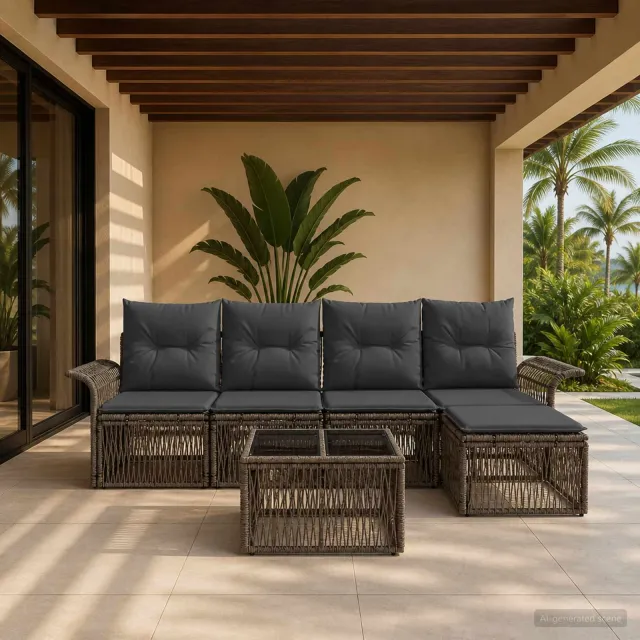 vidaXL Tuinbankenset 6 st 5-zits Grijs poly rattan, foto 2