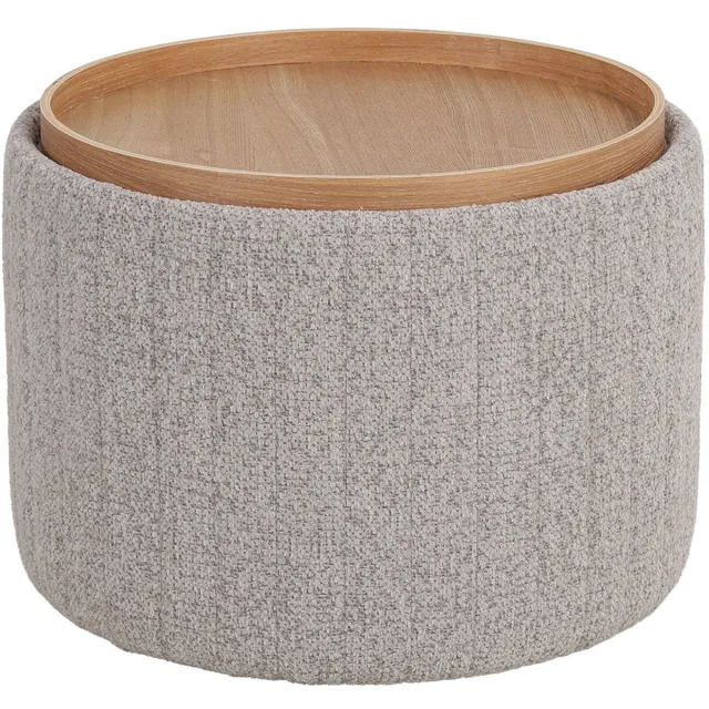 DÉJA Living Salontafel Angela – Rond – Met Opbergruimte – Chenille – Essen Fineer – 55x55x42 cm – Taupe/Naturel