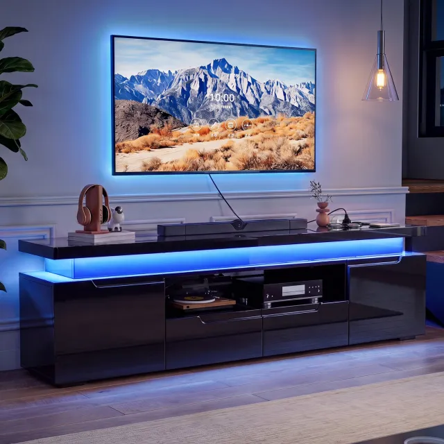 Yelenaro TV Meubel Zwart, Glanzende tv-kast met led-verlichting en oplaadpoorten, 2 Deuren En 2 Lade En Open Vak, 180x35x52cm, Voor Televisie Tot 75 Inch
