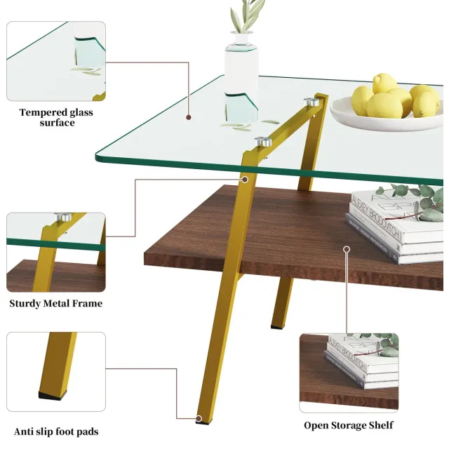 DESMIU Salontafel Met Veilig Gehard Glas Gouden Metalen Poten En MDF Onderstel Voor Woonkamer Modern Blush Gold 98x58x42,5 Cm