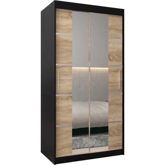 AJE Meubles B.V. InspireMe - Kledingkast met 2 schuifdeuren, Modern-stijl, Kledingkast met planken (BxHxD): 100x200x62 - VENTILA IV 100 Zwart Mat + Sonoma Eik met 2 lades