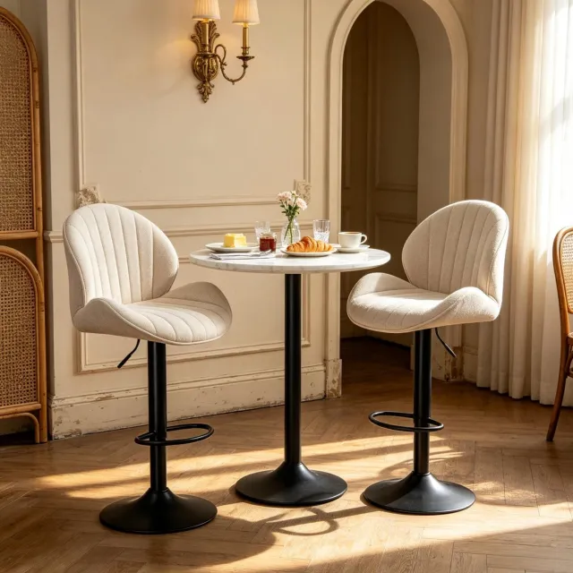 STILVORA Barkrukken Set Van 2 48 Cm - In Hoogte Verstelbaar Met Rugleuning En Voetsteun - Voor Keukenbar En Hoge Tafel - Chenille Beige