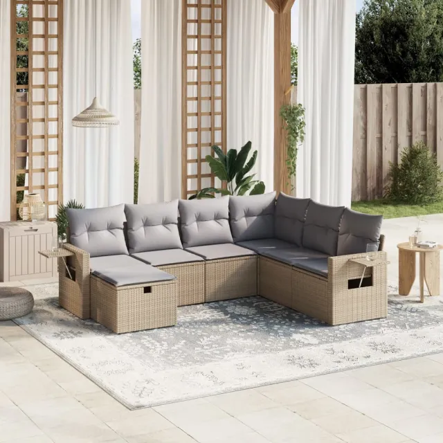 vidaXL 7-delige Loungeset met kussens poly rattan gemengd beige, foto 2