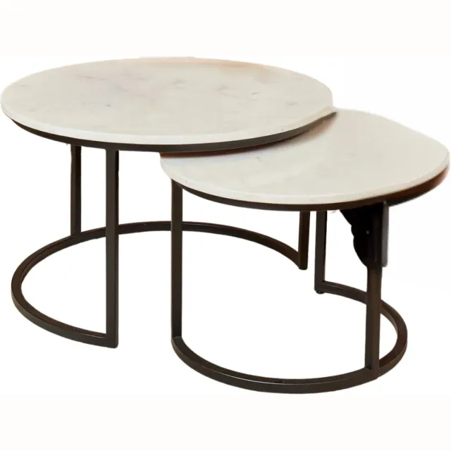 Industrieel In Huis Salontafelset Rond set van 2 - Mangohout - Bijzettafels Set van 3 - Salontafel Rond - Bijzettafeltjes Woonkamer - Salon Tafel Mangohout Rond - Salontafel industrieel Landelijk - Tafeltje Set 2 stuks Wit Marmer Wit, Marmer