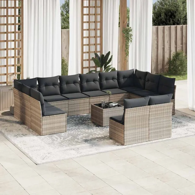 vidaXL 13-delige Loungeset met kussens poly rattan lichtgrijs grijs, foto 2