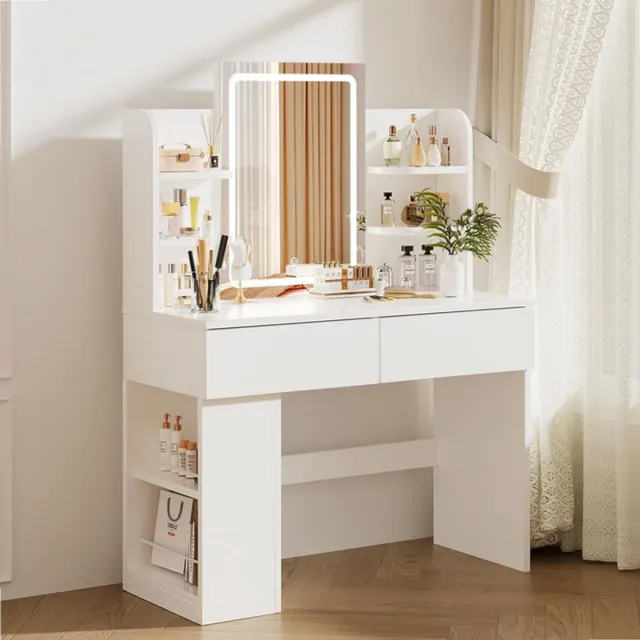 Sierra , kaptafel met Verstelbare LED Verlichting en grote spiegel, Make-up Tafel met 2 grote laden, zijopslag, 4 open compartimenten, 3 lichtsterktes,moderne slaapkamers,kleedkamers Wit