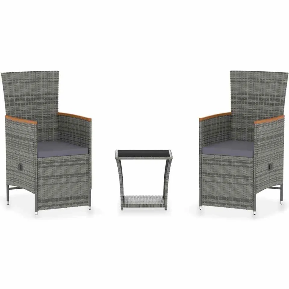 vidaXL 3-delige Loungeset met kussens poly rattan grijs, foto 3