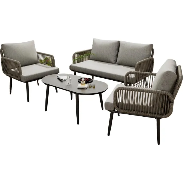 Happiq Tuinmeubelset - Loungeset - Tuinlounge Lounge Set - Lounge Set - Voor Tuin, Terras of Balkon - 2-Zits Sofa, 2 Fauteuils & Salontafel - Handgeweven Touw & Houtnerflook - Met Glasplaat & Gegalvaniseerd Staal Grijs