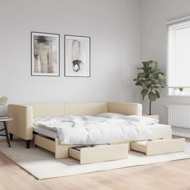 vidaXL Slaapbank met onderschuifbed en lades 100x200 cm stof crème