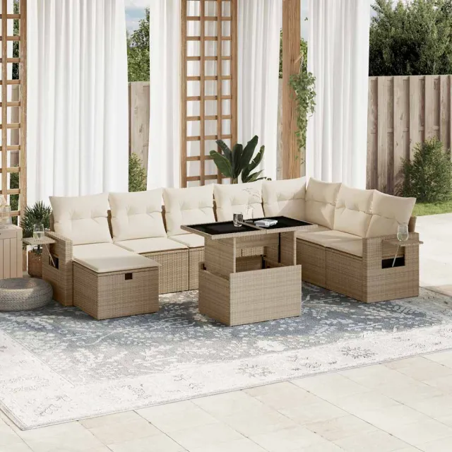 vidaXL 9-delige Loungeset met kussens poly rattan beige, foto 2