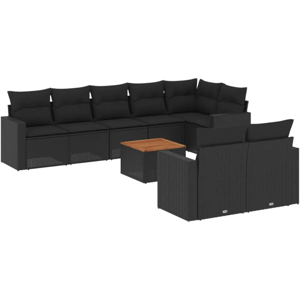 vidaXL 9-delige Loungeset met kussens poly rattan zwart, foto 3