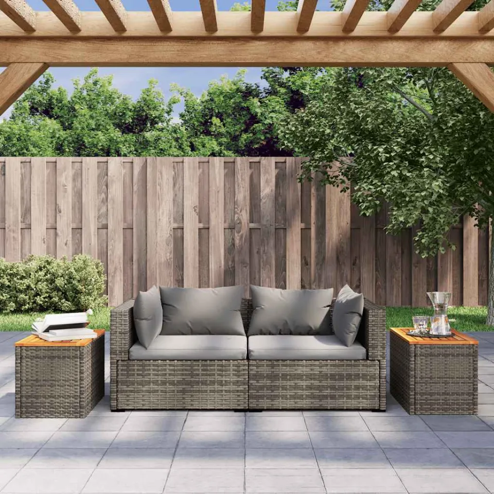 vidaXL Tuinbijzettafels 2 st 55x34x37 cm poly rattan en hout grijs, foto 3