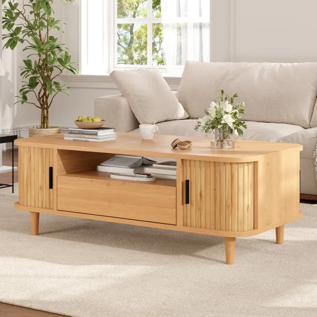 MIVRAY Salontafel - Opbergruimte Met Lade En Twee Roldeuren - Voor Woonkamer - MDF En Spaanplaat - 100x50x35 Cm - Natuurlijke Houtkleur Naturel houtkleur