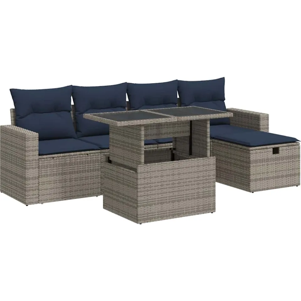 vidaXL 6-delige Loungeset met kussens poly rattan grijs, foto 3