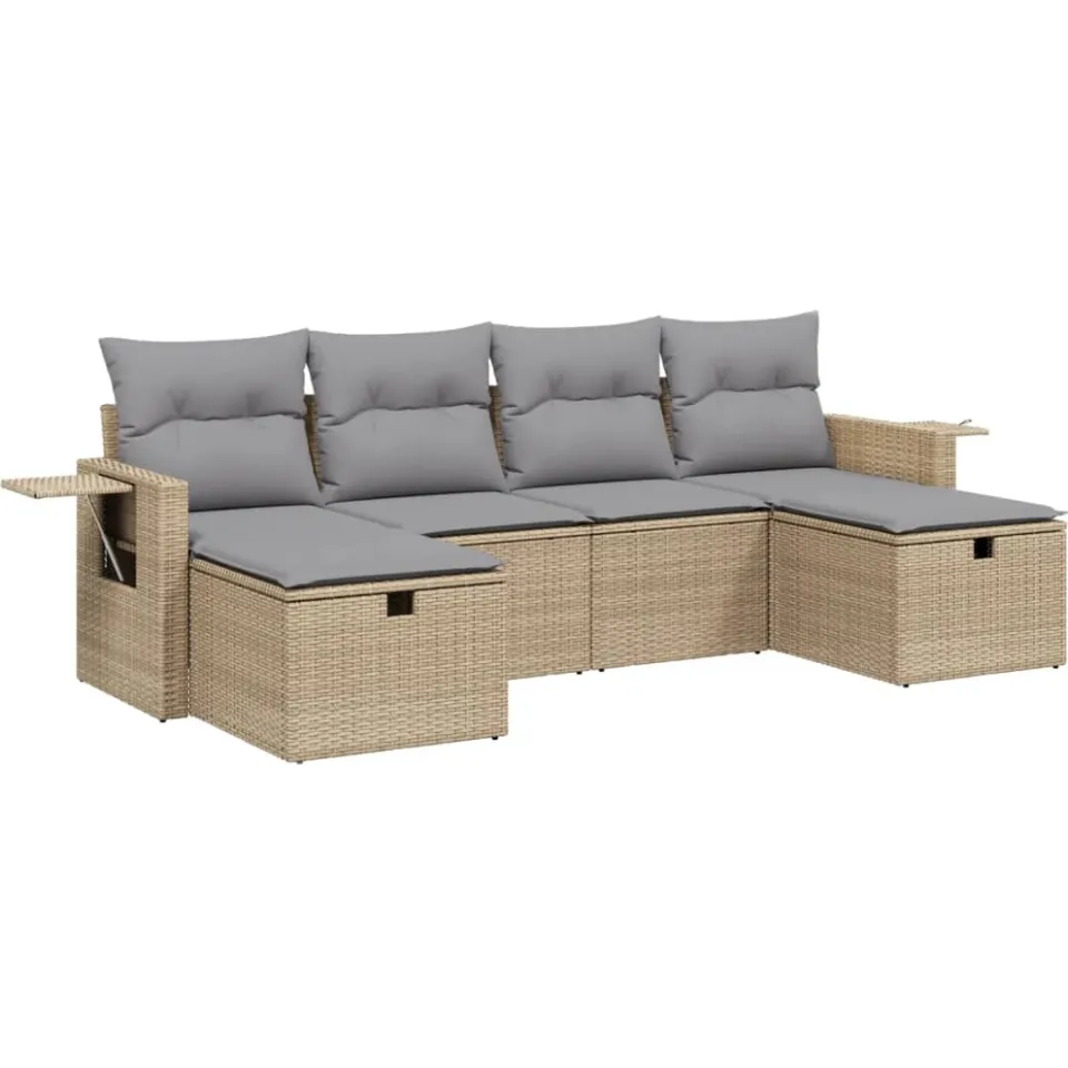 vidaXL 6-delige Loungeset met kussens poly rattan gemengd beige, foto 3