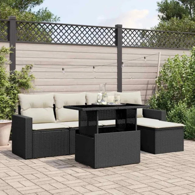 vidaXL 6-delige Loungeset met kussens poly rattan zwart, foto 2