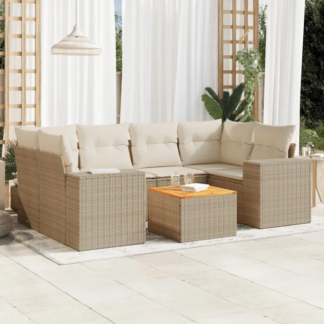 vidaXL 7-delige Loungeset met kussens poly rattan beige, foto 2