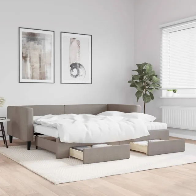 vidaXL Slaapbank met onderschuifbed en lades 90x200 cm stof taupe