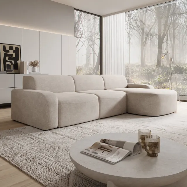 MEUBELLA Liftado - Hoekbank 3-zits chaise longue - Stof beige Rechts