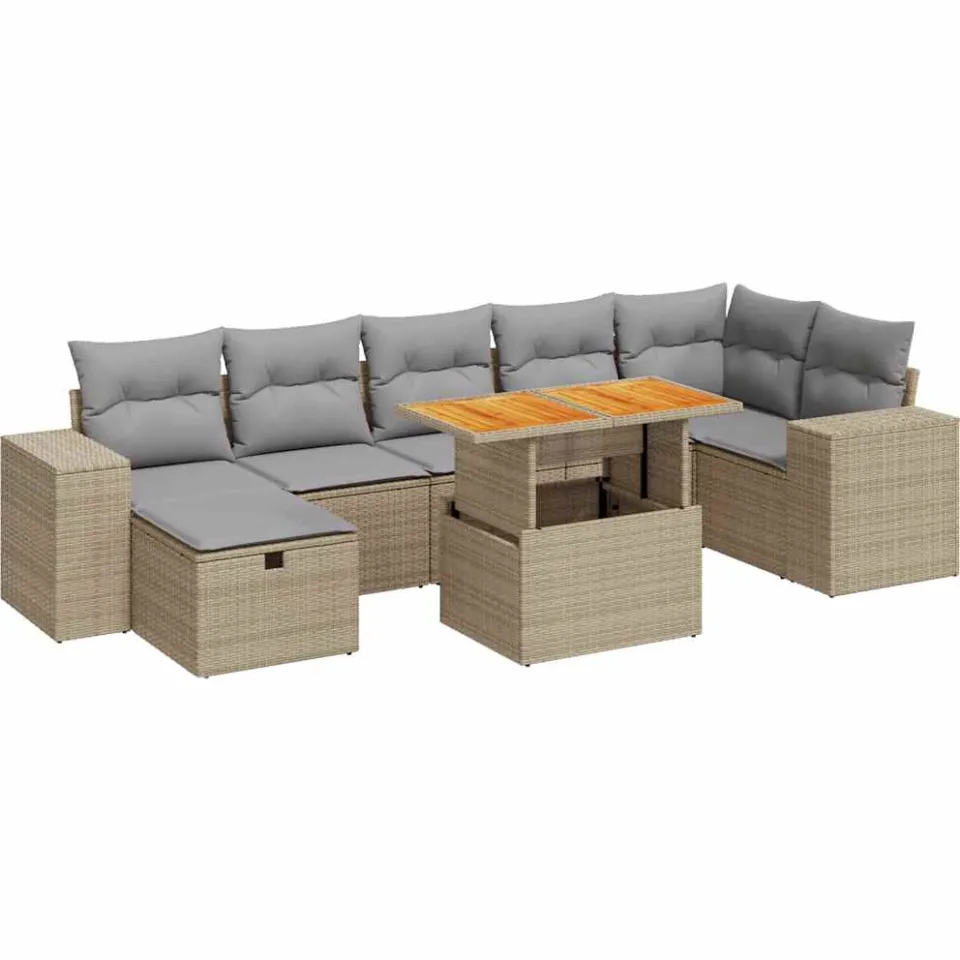 vidaXL 5-delige Loungeset met kussens poly rattan en acaciahout beige, foto 3