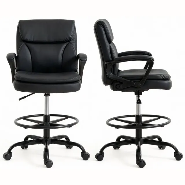 OKWISH Bureaustoel 61 x 61 x 93-108 cm - Ergonomisch En In Hoogte Verstelbaar Met Voetring En Wielen - Kunstleer - Zwart