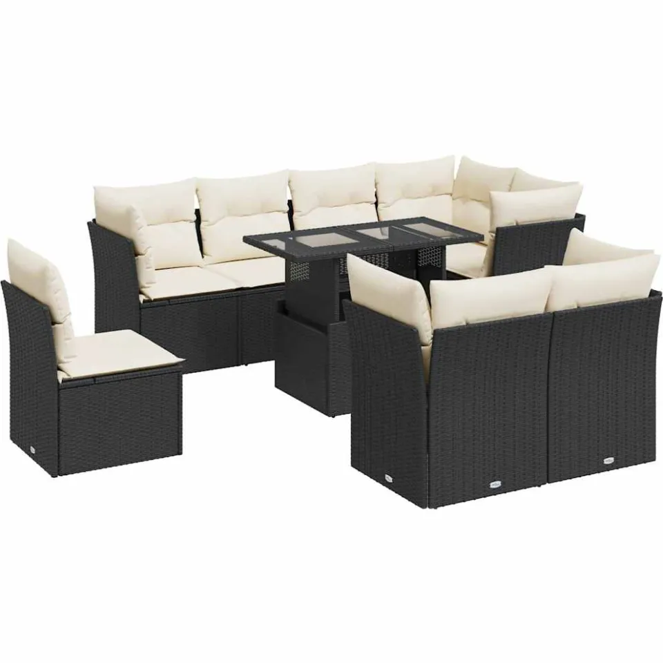 vidaXL 9-delige Loungeset met kussens poly rattan zwart, foto 3