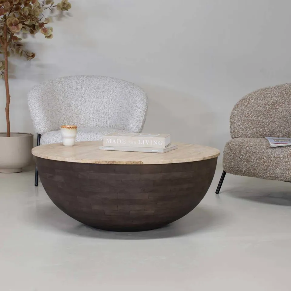 Giga Meubel Salontafel Aiden Rond - Travertin/Hout - Donkerbruin - 90x90x38cm, foto 2