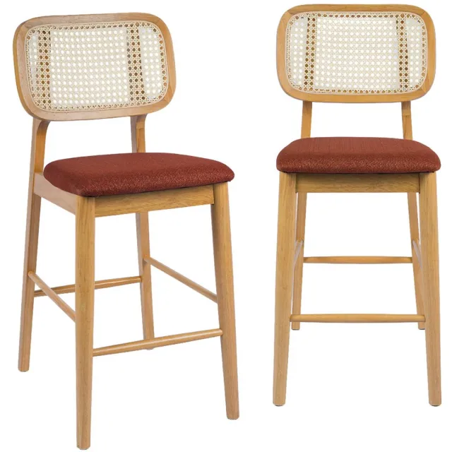 sweeek Set van 2 barkrukken van rubberhout met rotan en stof 66,5 cm - mani Naturel