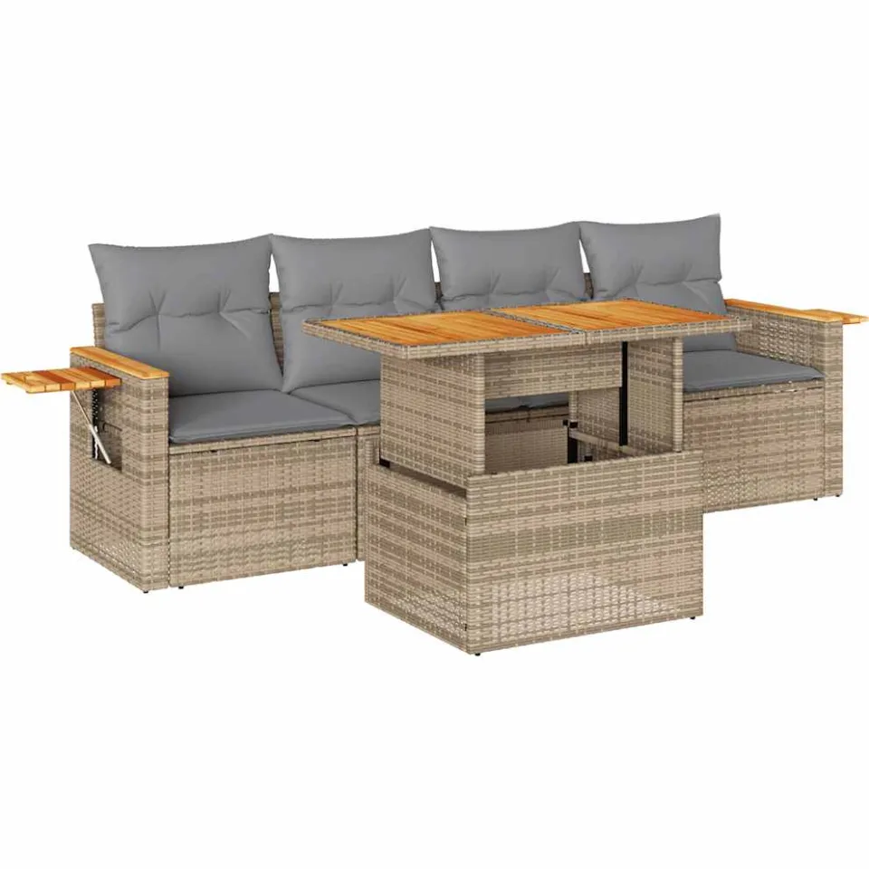 vidaXL 5-delige Loungeset met kussens poly rattan en acaciahout beige, foto 3