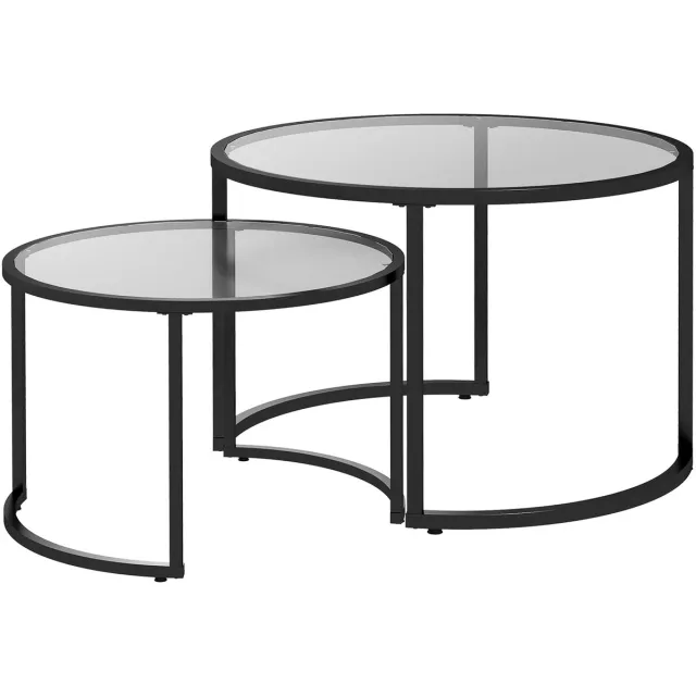Merax Salontafel Set 2 Stuks - Ronde Bijzettafels - Gehard Glas - Zwart Staal - Deels Inschuifbaar - Voor Woonkamer En Lounge