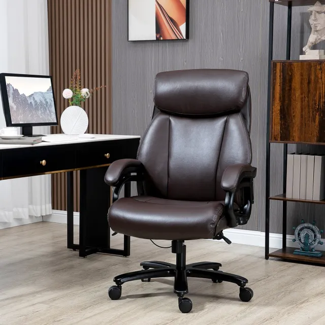 Wishdor Bureaustoel - Ergonomisch en hoogteverstelbaar - Wippfunctie met kopsteun en armleuningen - Voor kantoor en thuiswerkplek - Kunstleer - Bruin - 72 x 83 x 114-122 cm