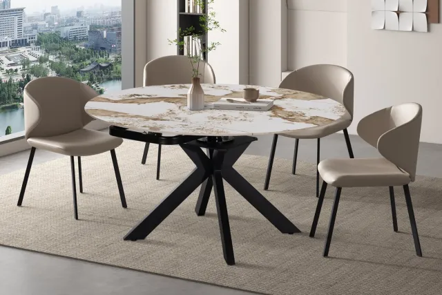 Rousseau Uitschuifbare Eettafel Athéna 140 x 90 cm – Rond Ø140 cm – Glanzende Marmerlook – Pandora Goudbruin - Zwart Metalen Onderstel beige - goud bruin