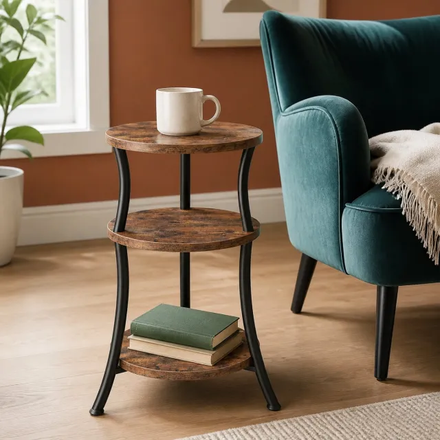 Trankielo Ronde bijzettafel met 3 niveaus - Stijlvol design - Compact en lichtgewicht - Ideaal voor kleine ruimtes Rustiek bruin + Zwart