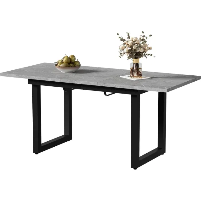 Merax Uitschuifbare Eettafel 140-180 x 80 x 75 cm - Rechthoekige Eettafel met Betonlook Tafelblad - Zwart Metalen Onderstel - Industriële Keukentafel voor Eetkamer en Woonkamer Grijs