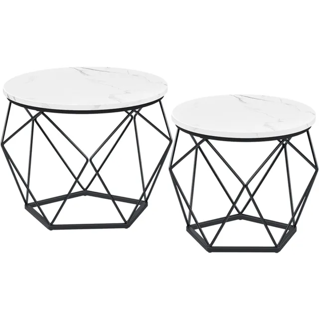 MAZAZU Salontafel Rond Set van 2 - Bijzettafels in Elkaar Schuifbaar - Wit Marmerlook/Zwart - Ø50 en Ø40 cm