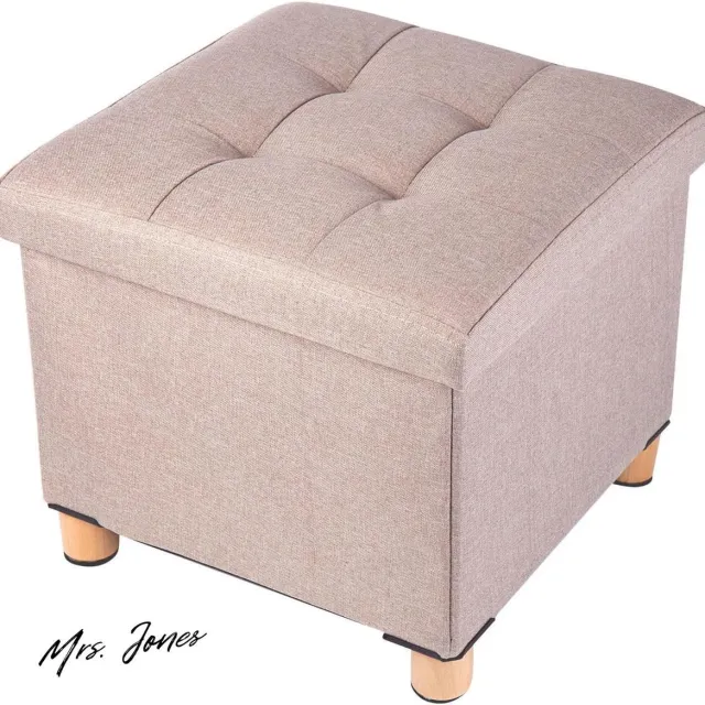 Mrs. Jones Opvouwbare opbergpoef met houten poten linnen voetenbank opbergkist met zeer elastische sponsvulling kaki 38 x 38 x 38 cm - opbergpoef - voetenbank . multi-color