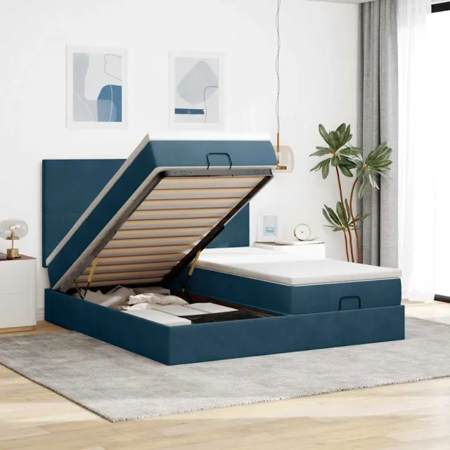 vidaXL Bed poef met matrassen en leds 200x200 cm fluweel donkerblauw blauw