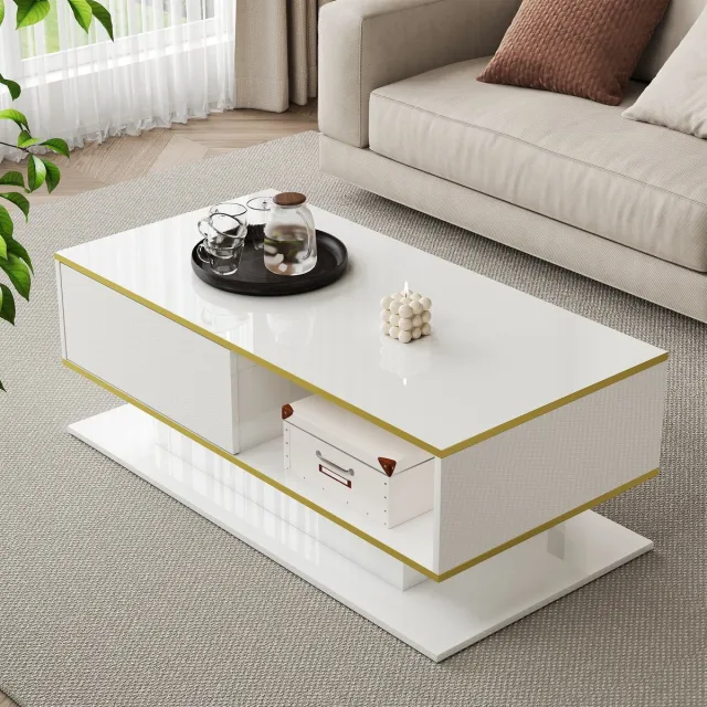 Wishdor Salontafel - Ledverlichting En 3 Laden - Modern - Voor Woonkamer - Spaanplaat - Wit En Goud - 100 X 50 X 40 Cm Wit + Goud