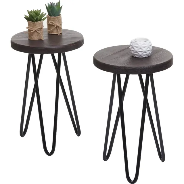 Cosmo Casa Bijzettafel - Set van 2 - Hout - Industrieel - Donkerbruin - 40x25x25 cm